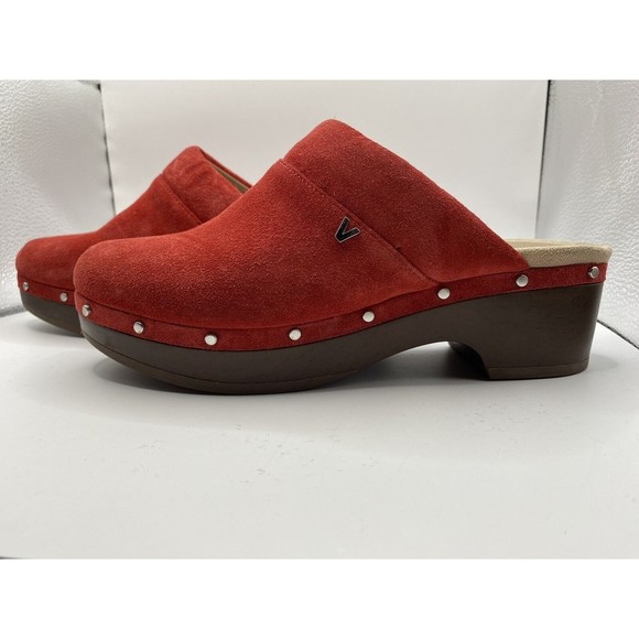 Vionic Womens Kacie Slip On Mules Clogs Sz 6 Red Suede Leather Wood Heel EUC - Picture 5 of 8